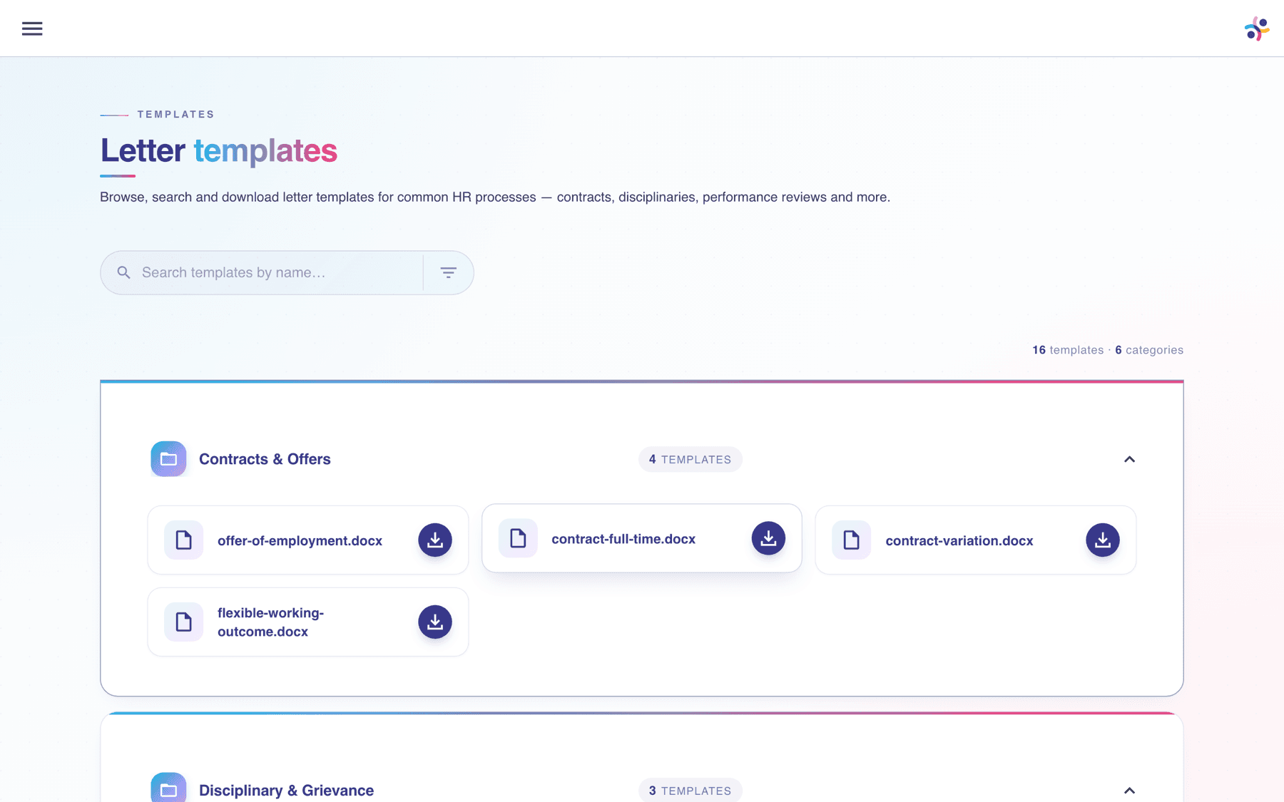 The client portal template library showing categorised HR letter templates